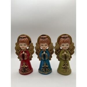 Vintage Set of 3 ARDCO Christmas Praying Angels Paper Mache Big Eye Rhinestones